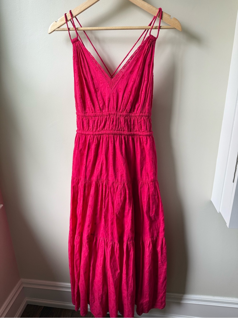 ULLA JOHNSON Freya Midi Dress Tiered Textured Pink Dopamine Dressing Romantic 8